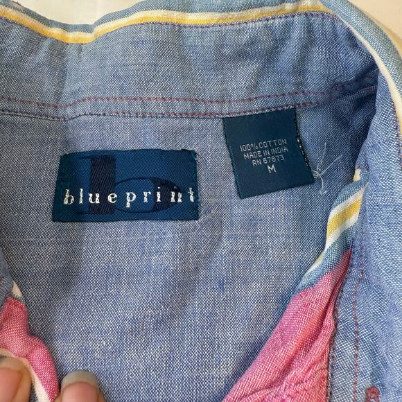 Vintage Blueprint Men’s Striped Short Sleeve Button-Down Shirt M Pink Yellow - Picture 5 of 7